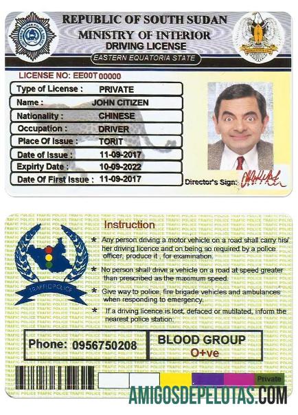 Carta de condução do Sudão do Sul modelo